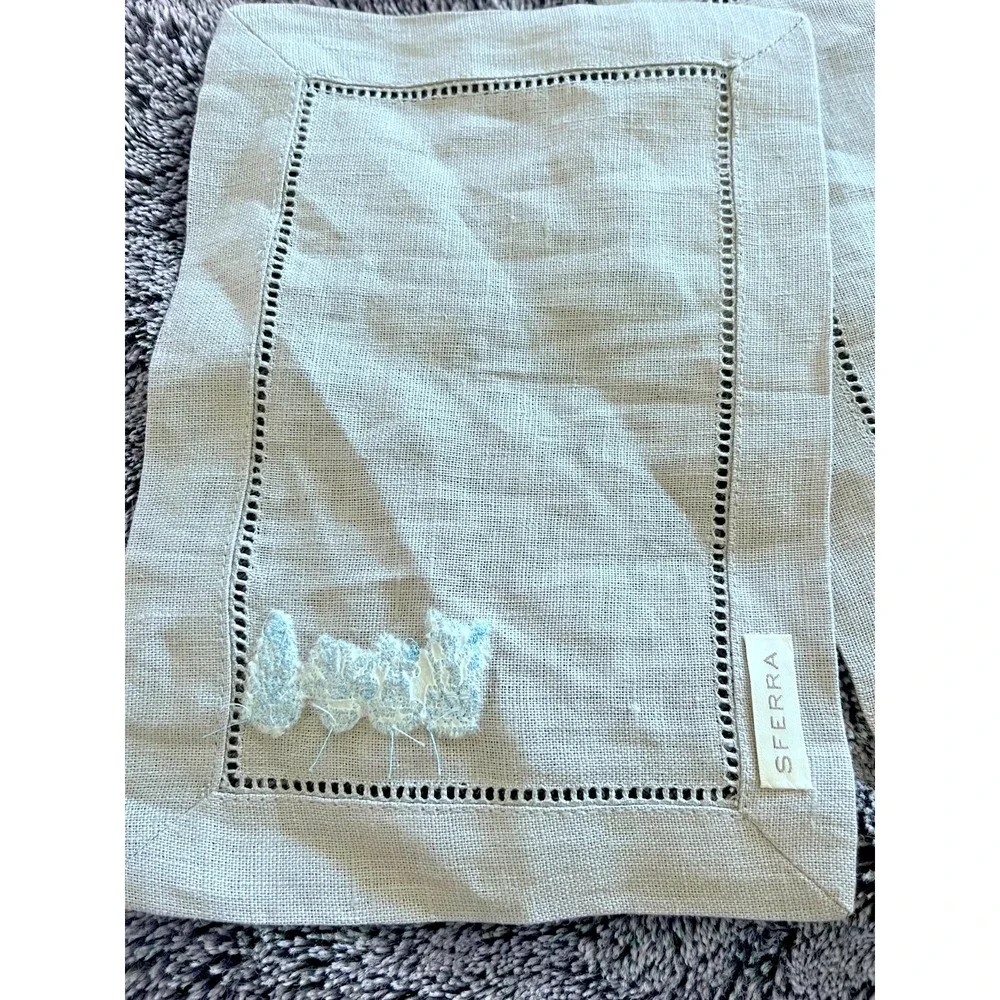 Sferra Vintage Embroidered Gray Linen Cocktail Napkins - Set of 2 Floral Napkins